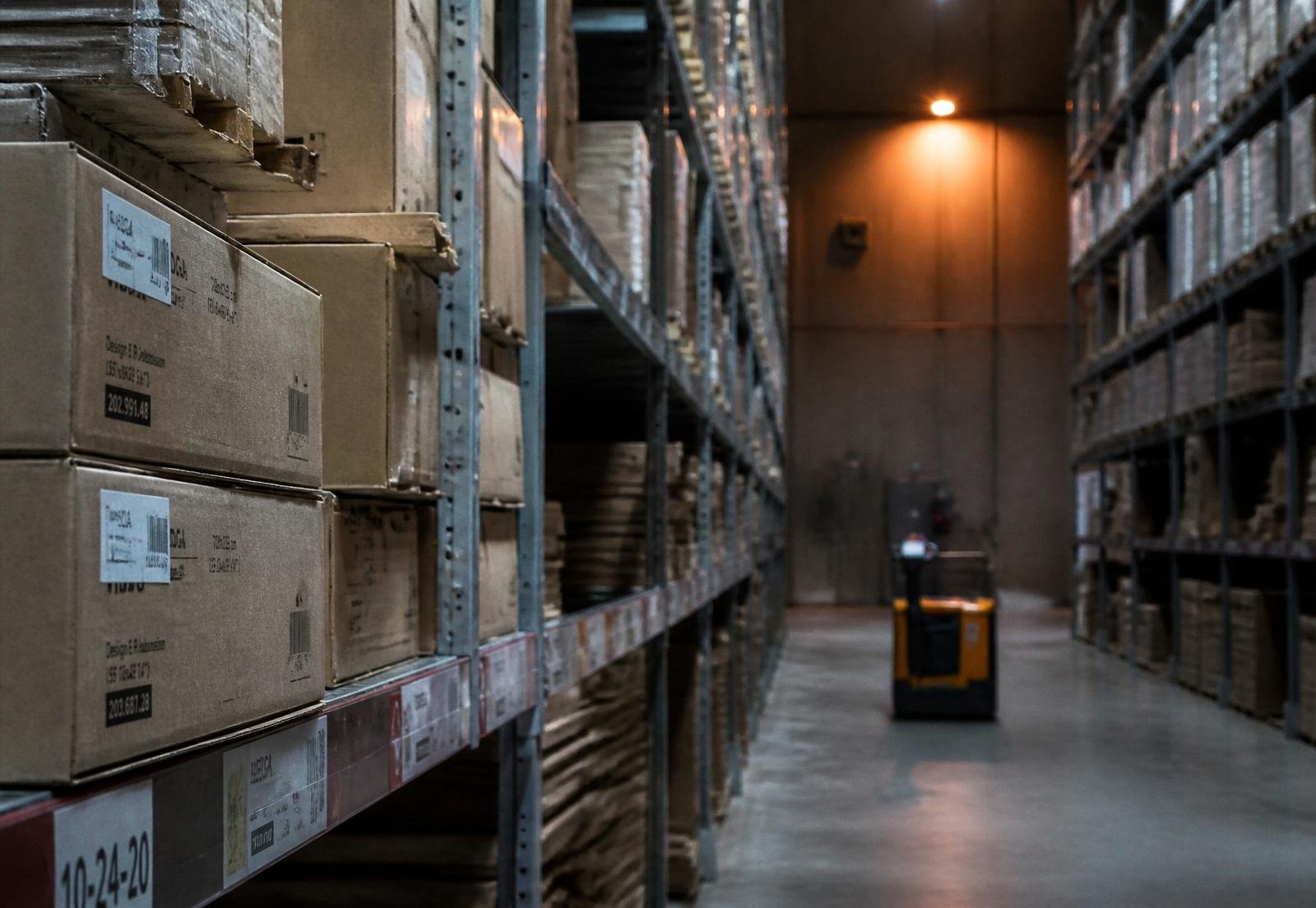Corsia ordinata di magazzino con scatole etichettate e transpallet elettrico